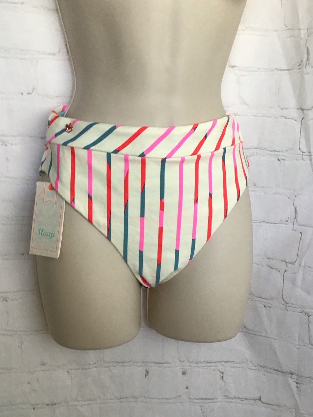 Maaji Coral, Blue & Black Striped High-Waist Bikini Bottom. LARGE
